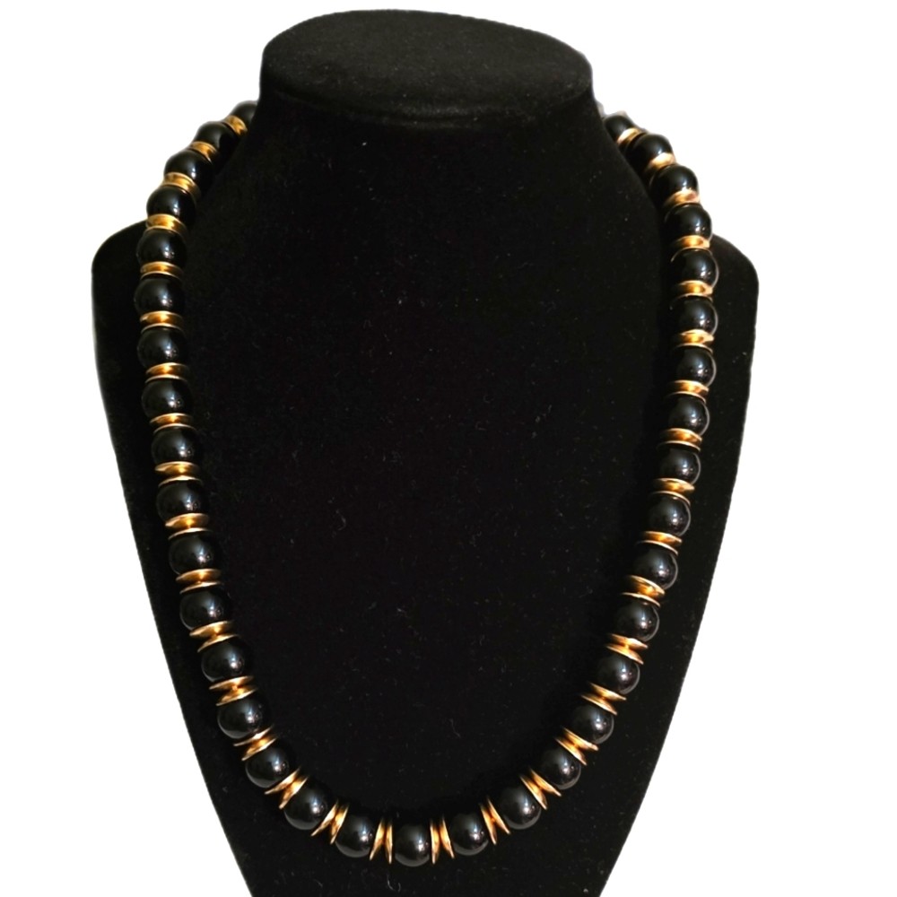 Charming Charlie Gold Tone Necklace With Black Beads – Approx 18 Inches Long