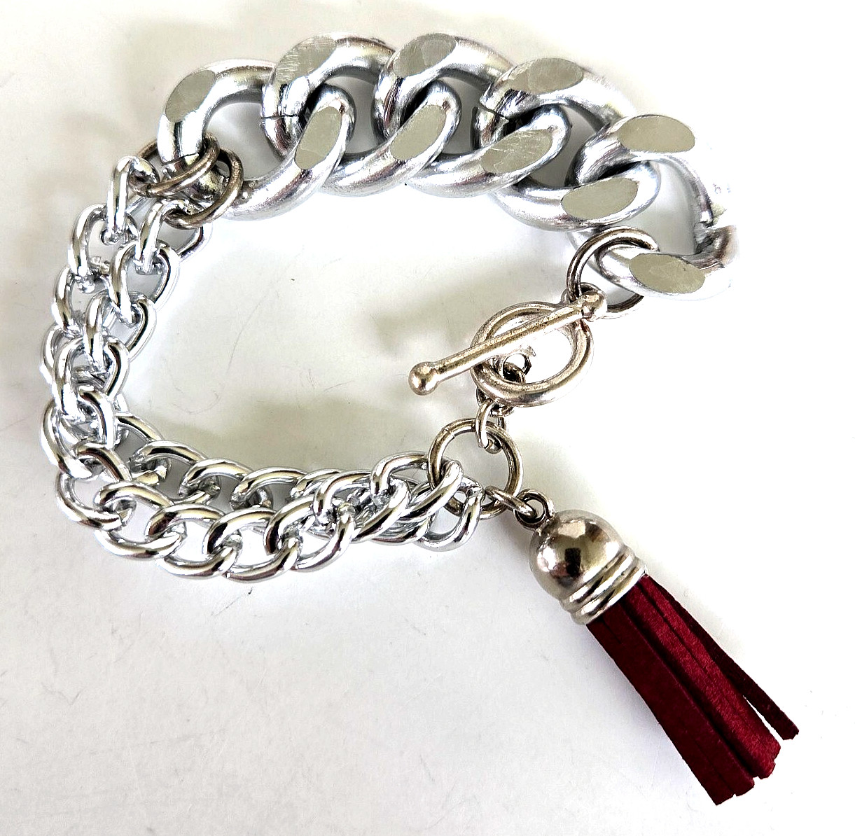 Vintage Silver Tone Aluminum Chain Burgundy Leather Tassel Bracelet 7-1/8″