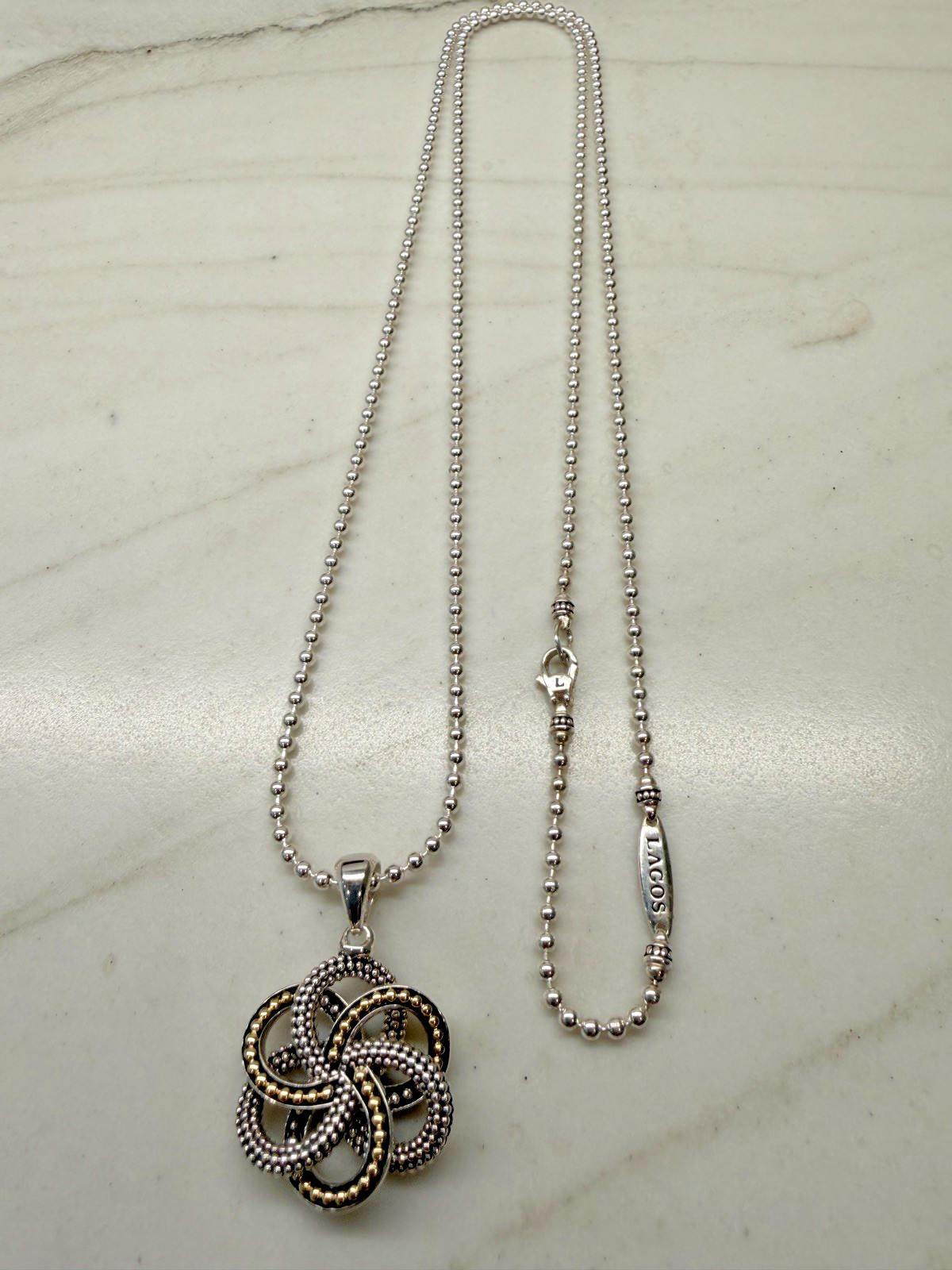 LAGOS LARGE LOVE KNOT TWO-TONE SILVER 18K GOLD PENDANT NECKLACE