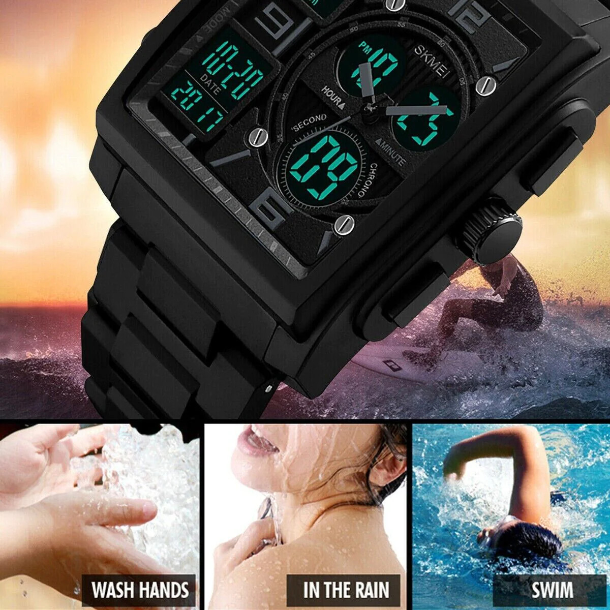 Men’s Military Sport Watch 50M Waterproof LED Dual Time Zone Alarm Chronograph