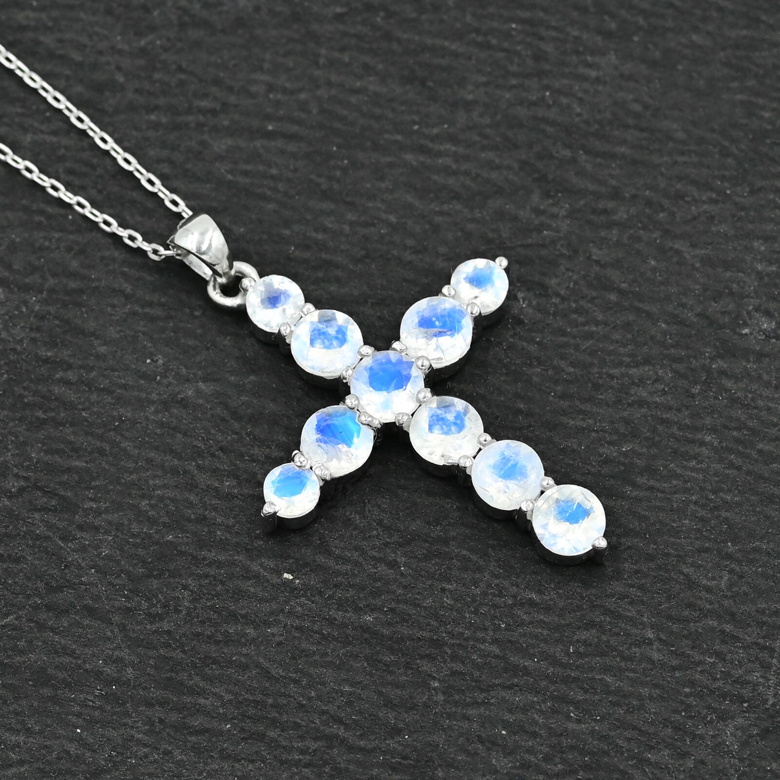 5 MM Natural Rainbow Moonstone 925 Sterling Silver Holy Cross Pendant Necklace