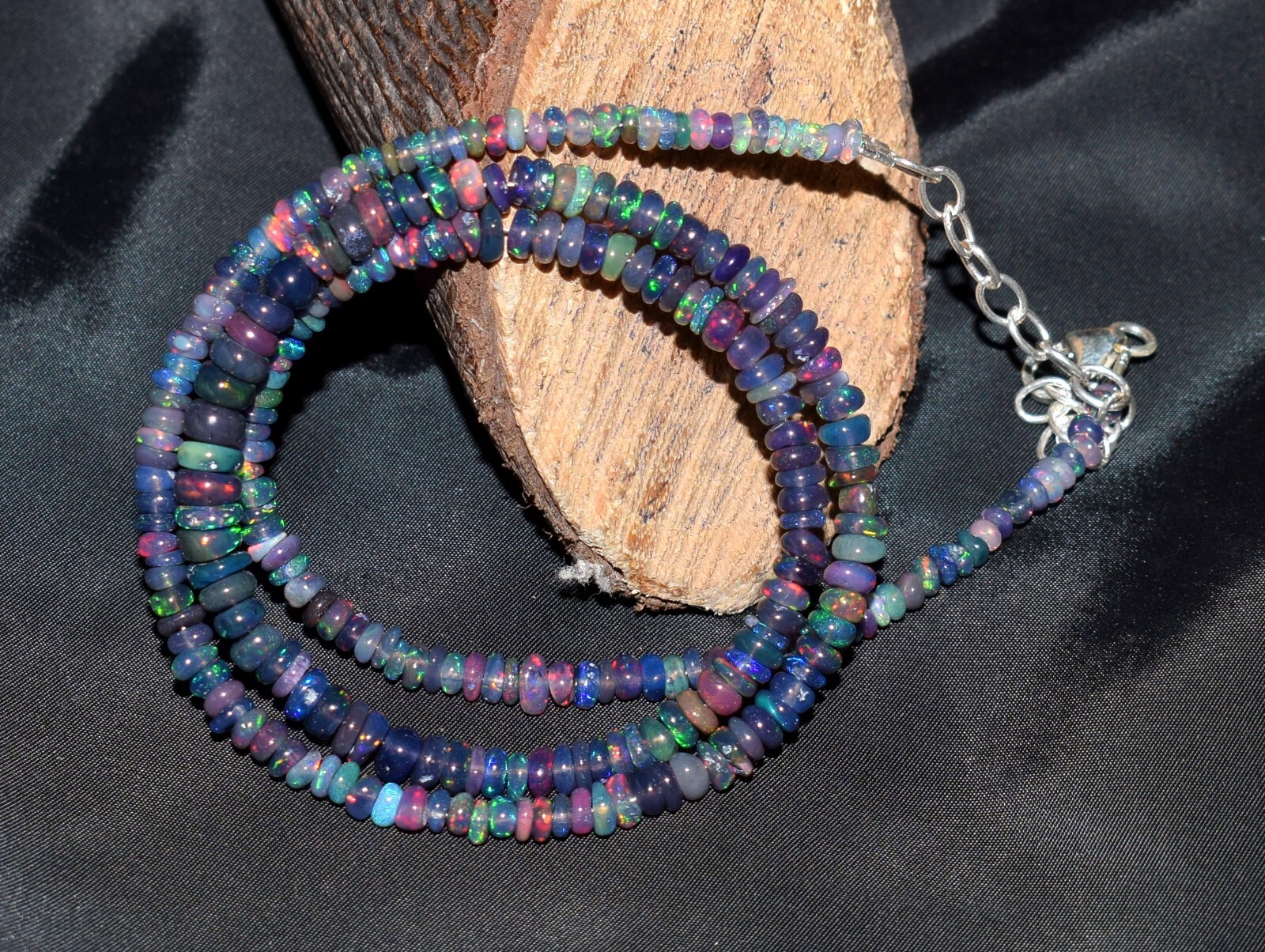 16”Natural Ethiopian Black Opal 925 Sterling Silver Roundel beaded Necklace