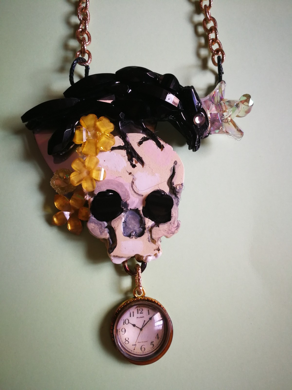 Magic Talisman Black Raven Crow Necklace Skull Pendant Amulet Memento Mori Clock