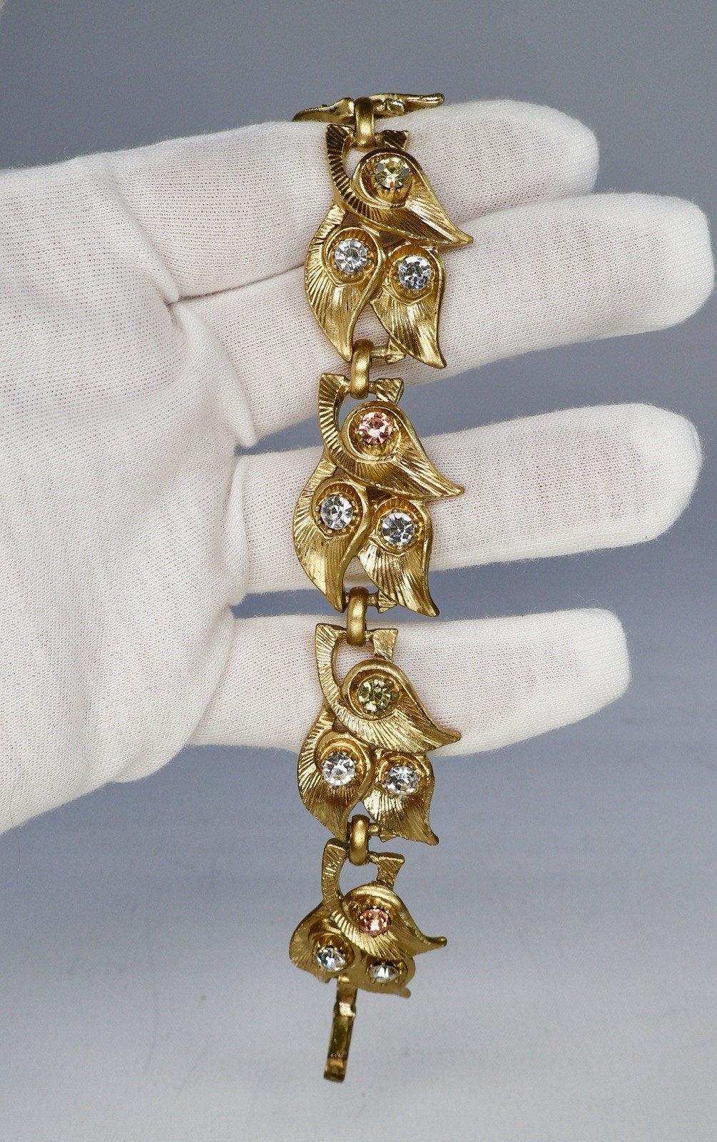 Vintage Czech Rhinestone Bracelet Gold Tone Wing Motif REFURBISHED READ