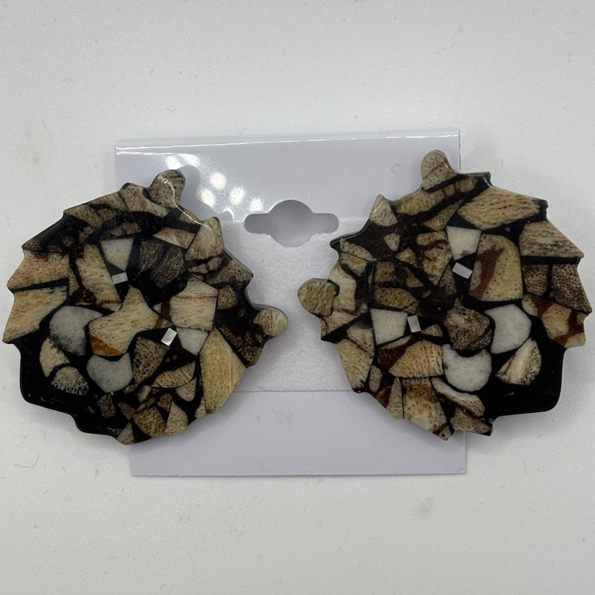 Lion Head Clip-On Stud Earrings Black Beige Brown Plastic 1.75 in Lobe