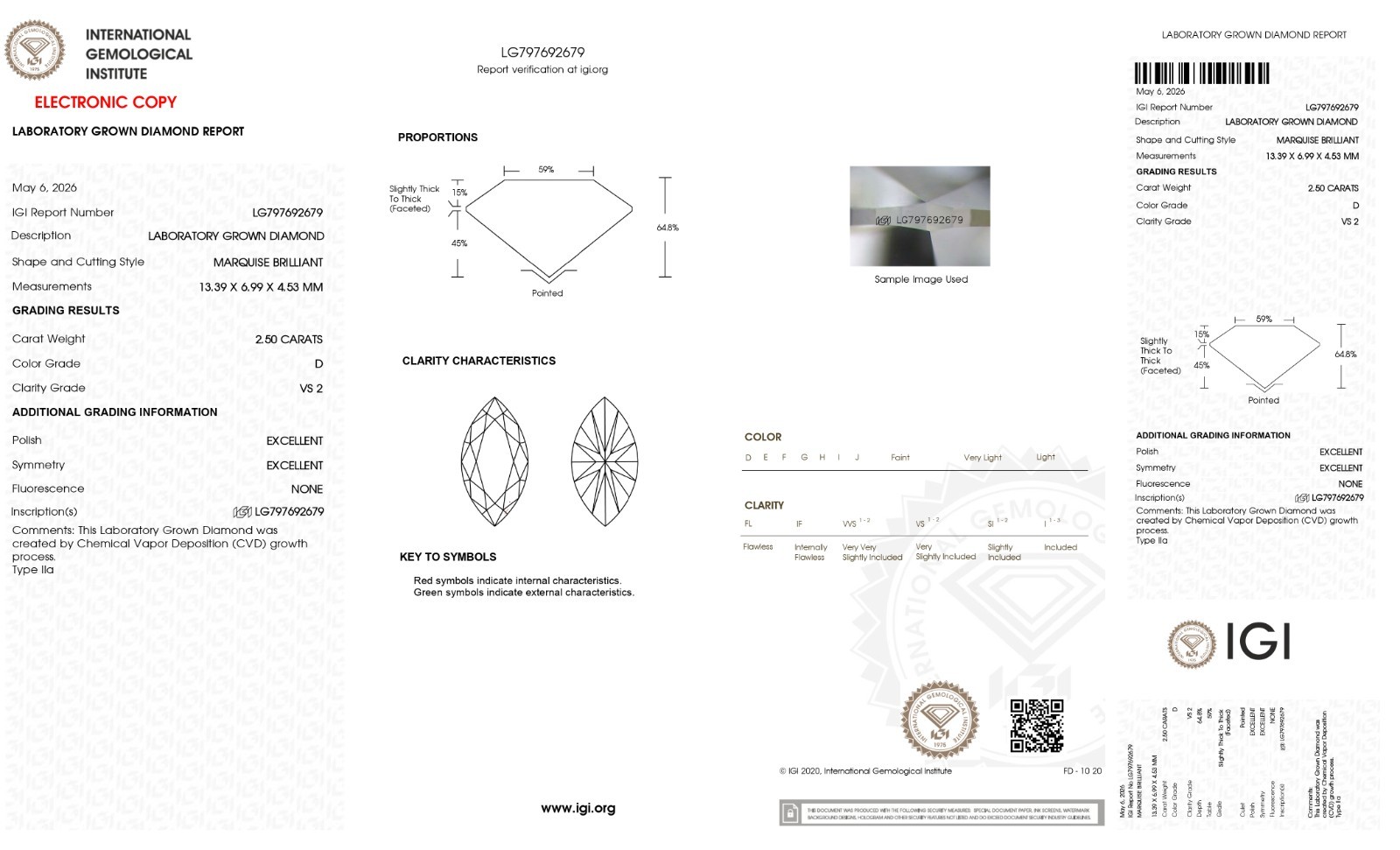 2.50 Cts MARQUISE Cut IGI Certified Lab Grown CVD Diamond D Color VS2 Clarity