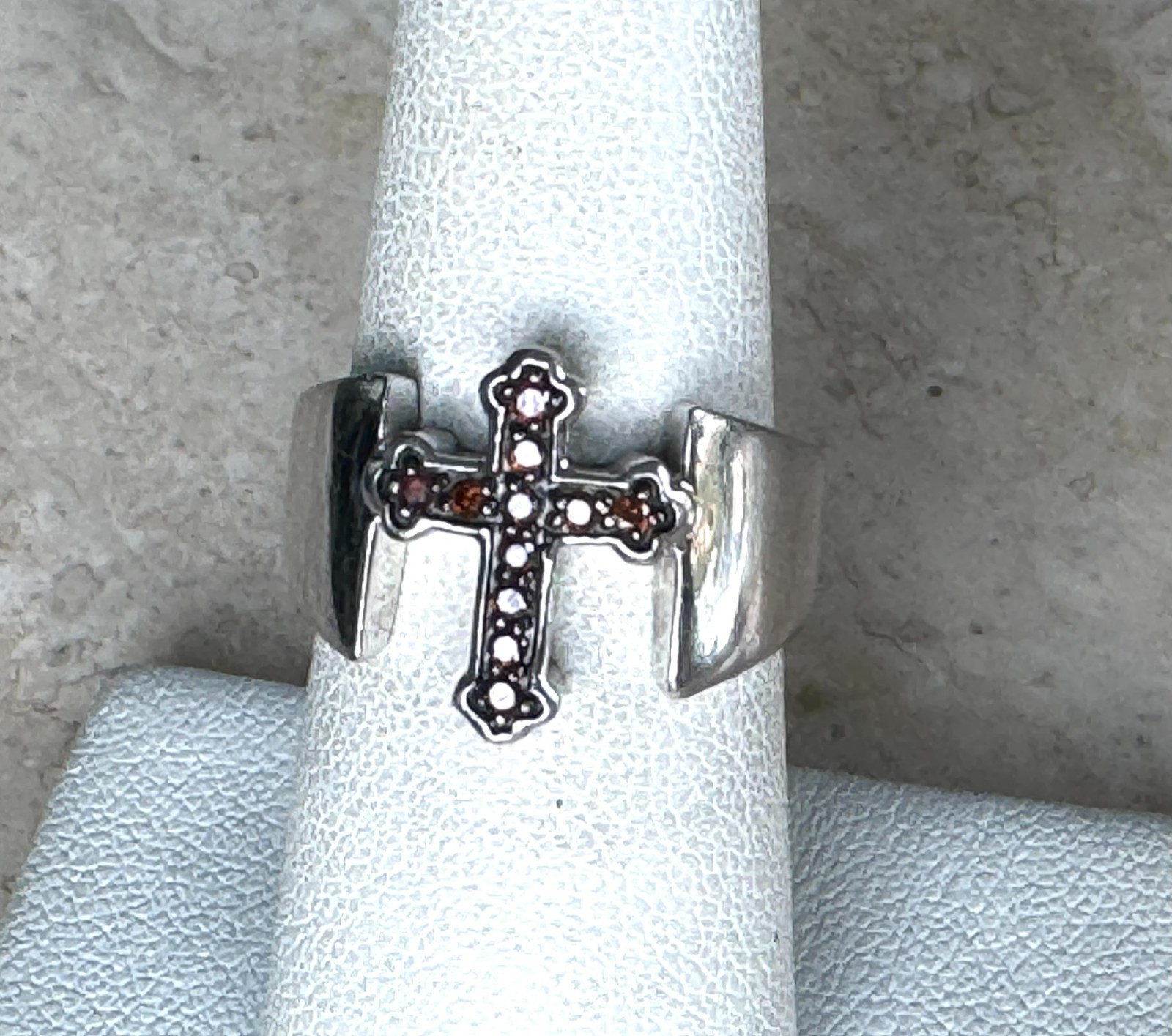 Sterling Silver 925 Cross Ring Unisex Sz7 Red Burgundy Diamond Accent Wide Band