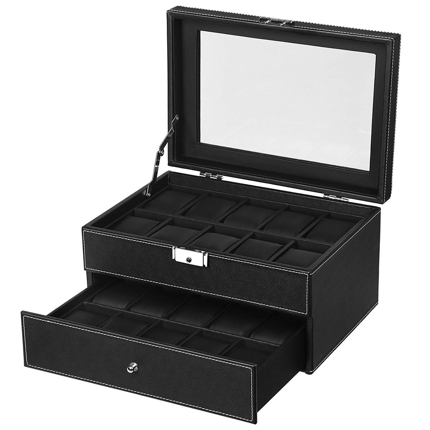 20 Compartments Watch Collection Storage Box Glass Top Display, Lockable, Black~