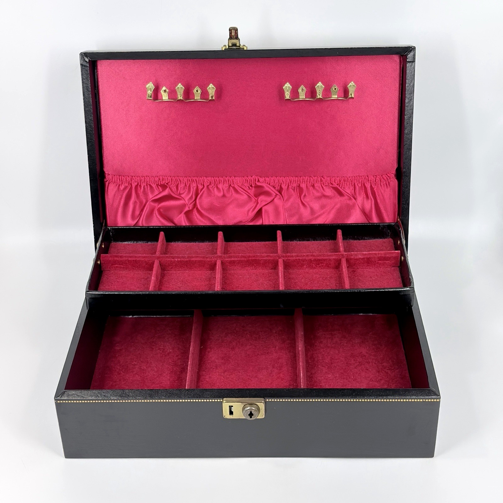 Vtg Black 2 Tier Jewelry Box Gold Clovers Dots Red Velvet Satin Lining NO Key