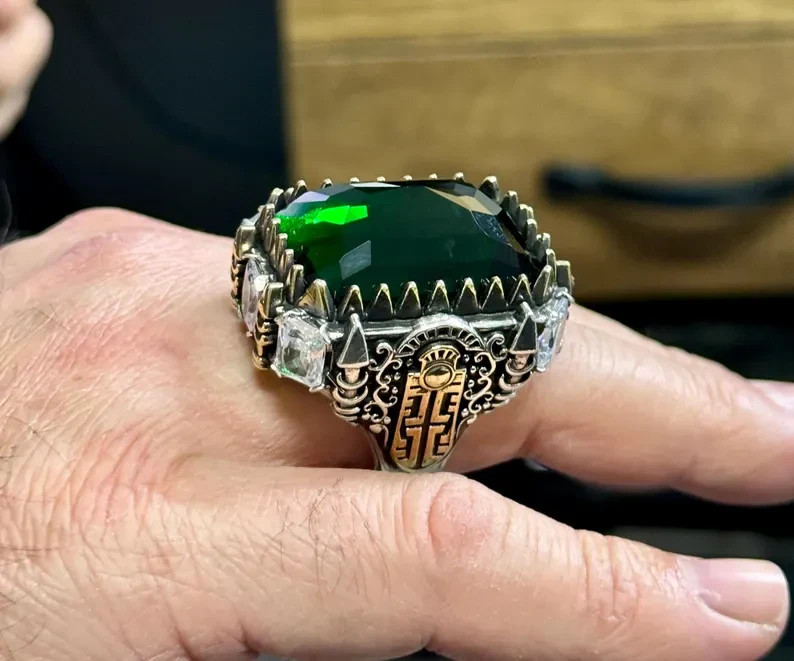 Solid 925 Turkish Handmade Green Emerald Ring Large Men Statement Jewelry