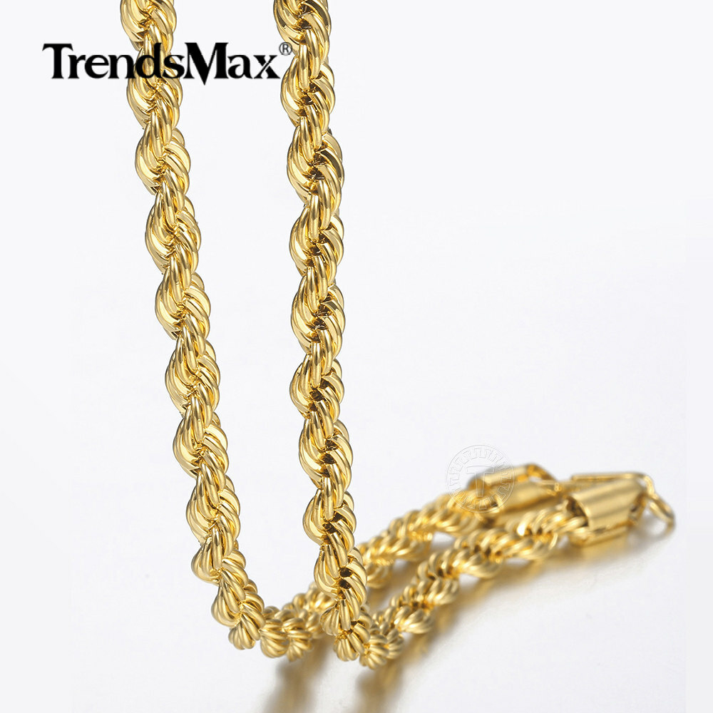 3-7MM Gold Plated Stainless Steel Diamond Cut Twisted Rope Chain Necklace 16-30″