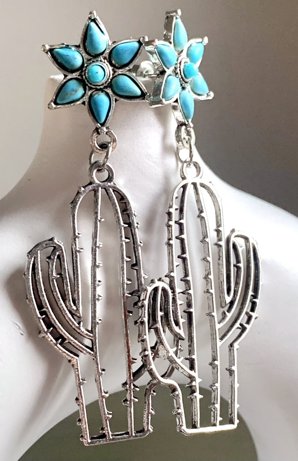 2 5/8″L Fun Southwestern Silver Cactus Outline Turquoise Beaded Flower Earrings