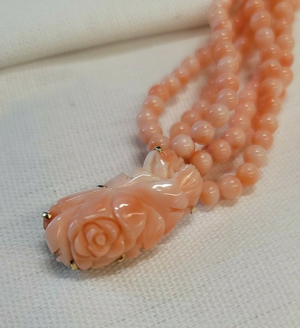 Pink Coral Round Floral Rose 6 Strand Beaded 14K Gold Necklace 114g Angel Skin