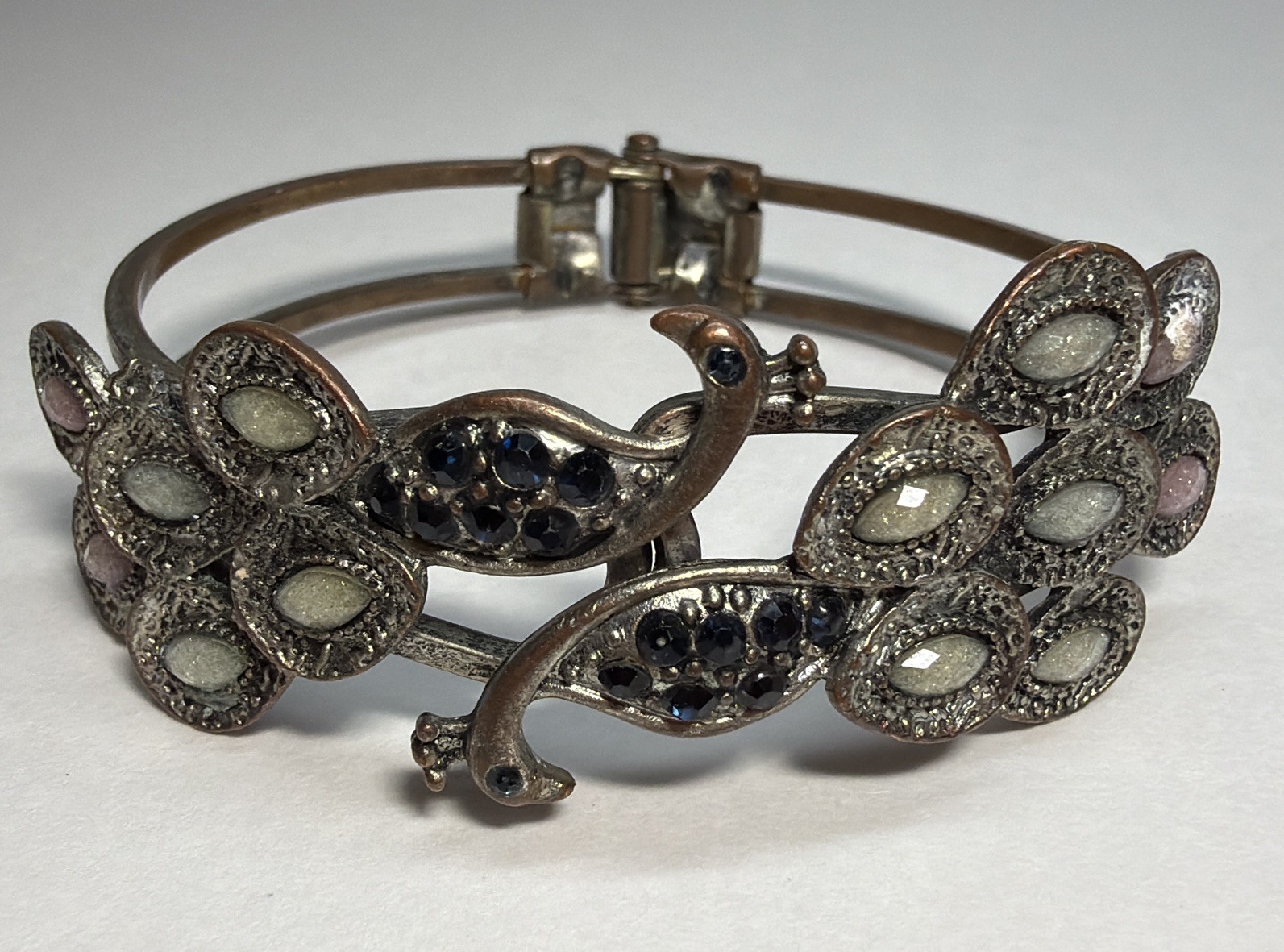 Vintage Peacock Motif Hinged/Cuff Bracelet with Faceted Stones Copper/Silver Mix