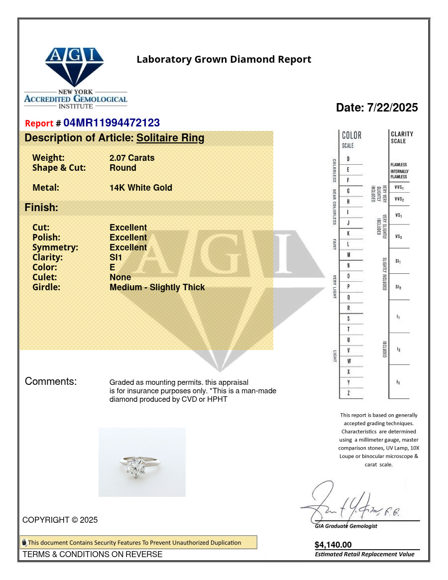 Solitaire Engagement Ring 14K Gold Classic 2.07 CT Round Lab-Grown Diamond E SI1