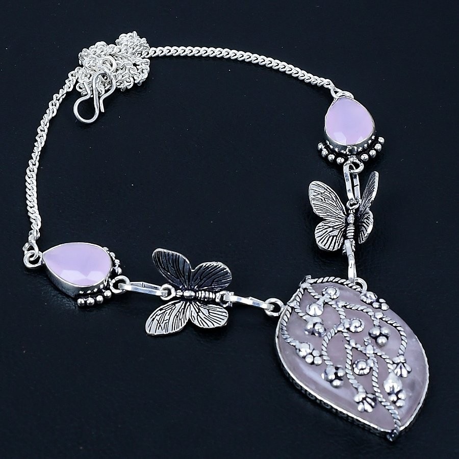 Rose Quartz, Pink Chalcedony 925 Sterling Silver Necklace 18″