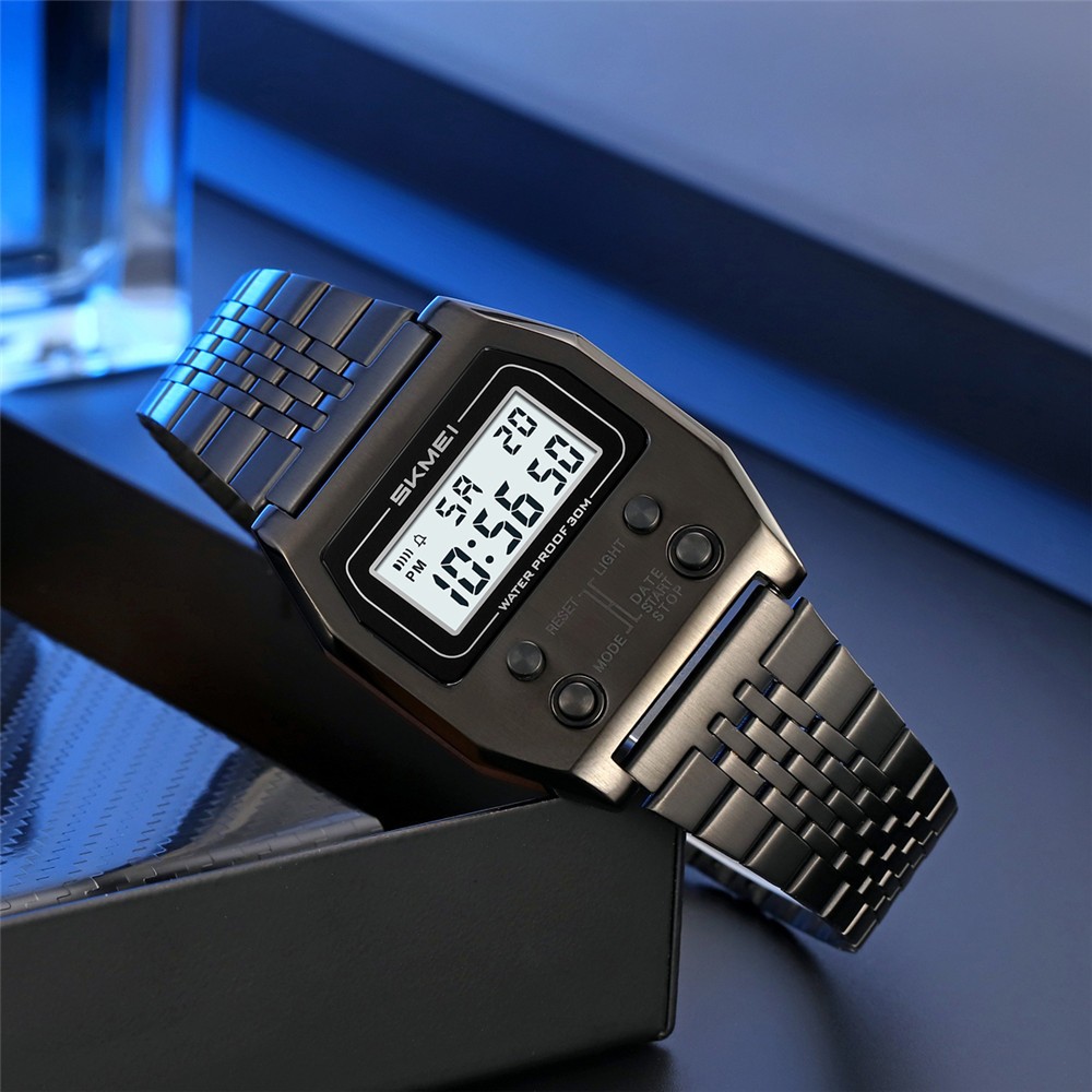 SKMEI Men Rectangle Watch Male Steel Wristwatch Boys Digital LED Display Watches