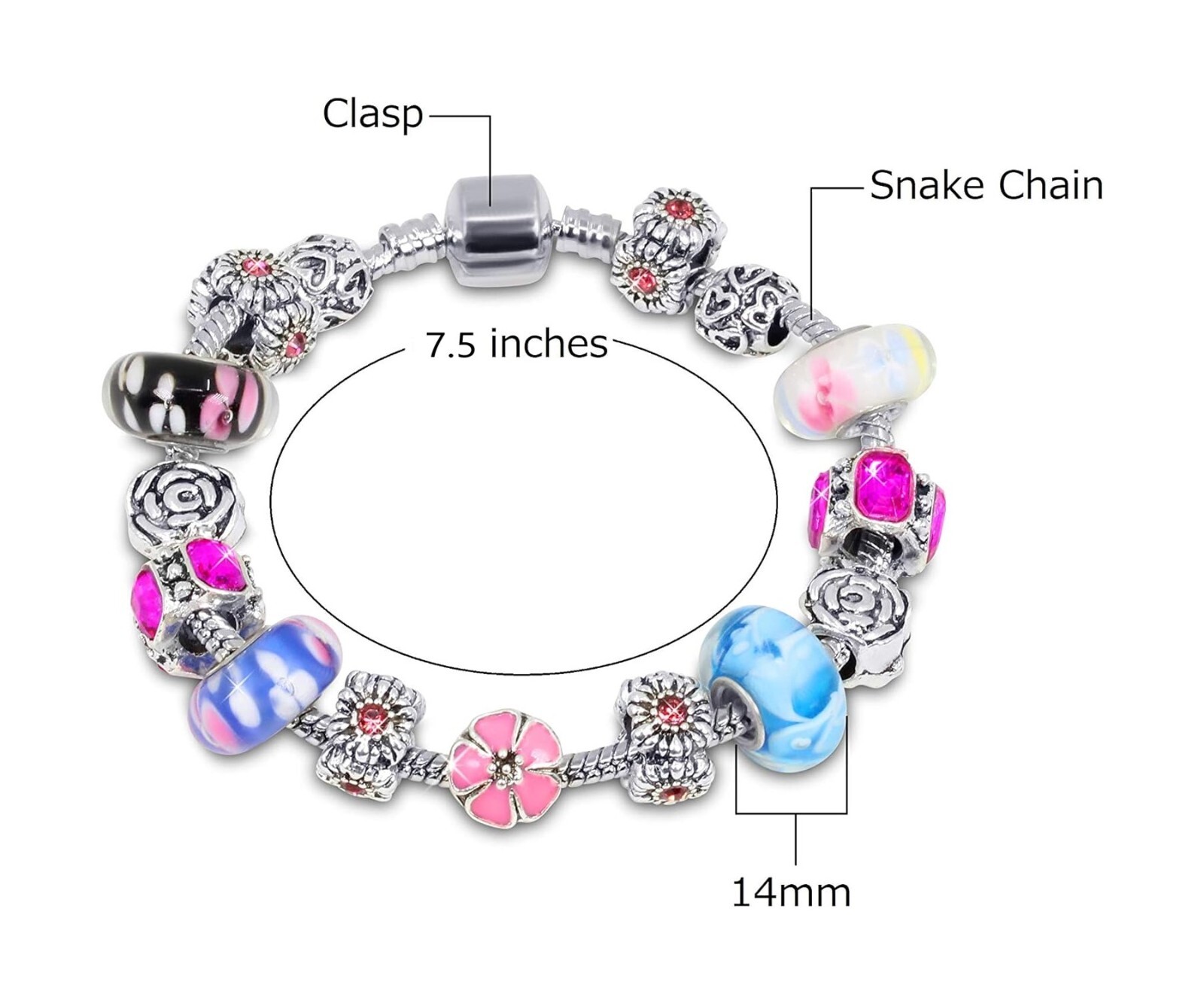 18K White Gold Plated Flower Crystal CZ Charm Bracelet Made with Swarovski