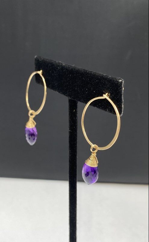10K Yellow Gold Amethyst Briolette Hoop Dangle Earrings 2.4g 1.5″