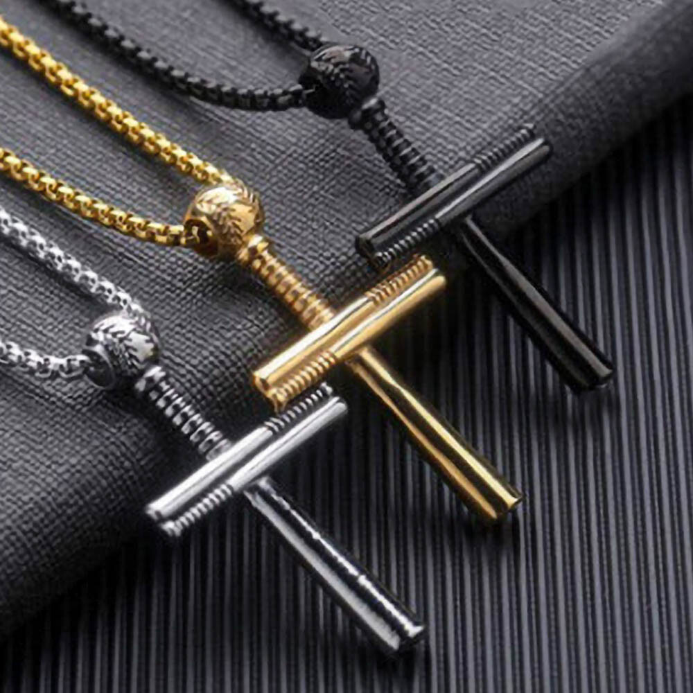 Baseball Bat Sports Cross Pendant Necklace Stainless Steel Black Silver Gold 24″