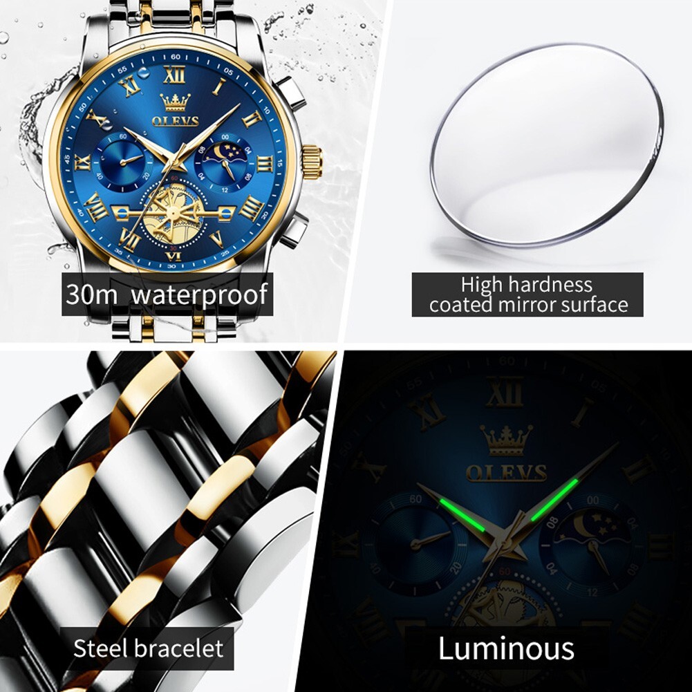 OLEVS Quartz Men’s Watch, Stainless Steel, Chronograph, Waterproof, Moon Phases