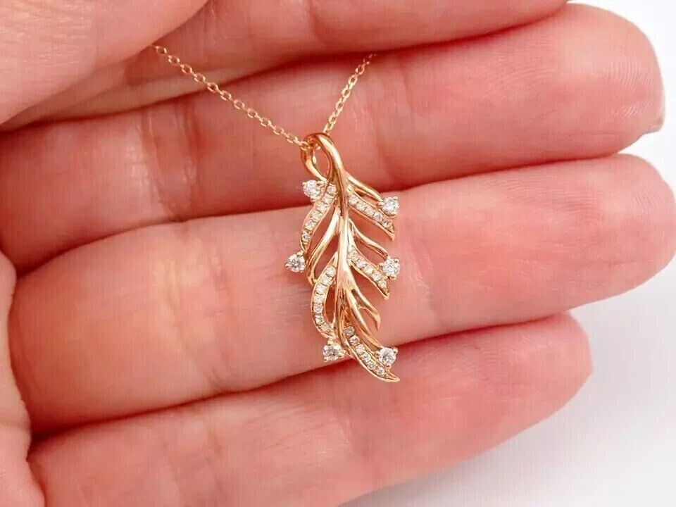 14k Rose Gold Plated In Round Cut Simulated Diamond Women’s Leaf Shape Pendant