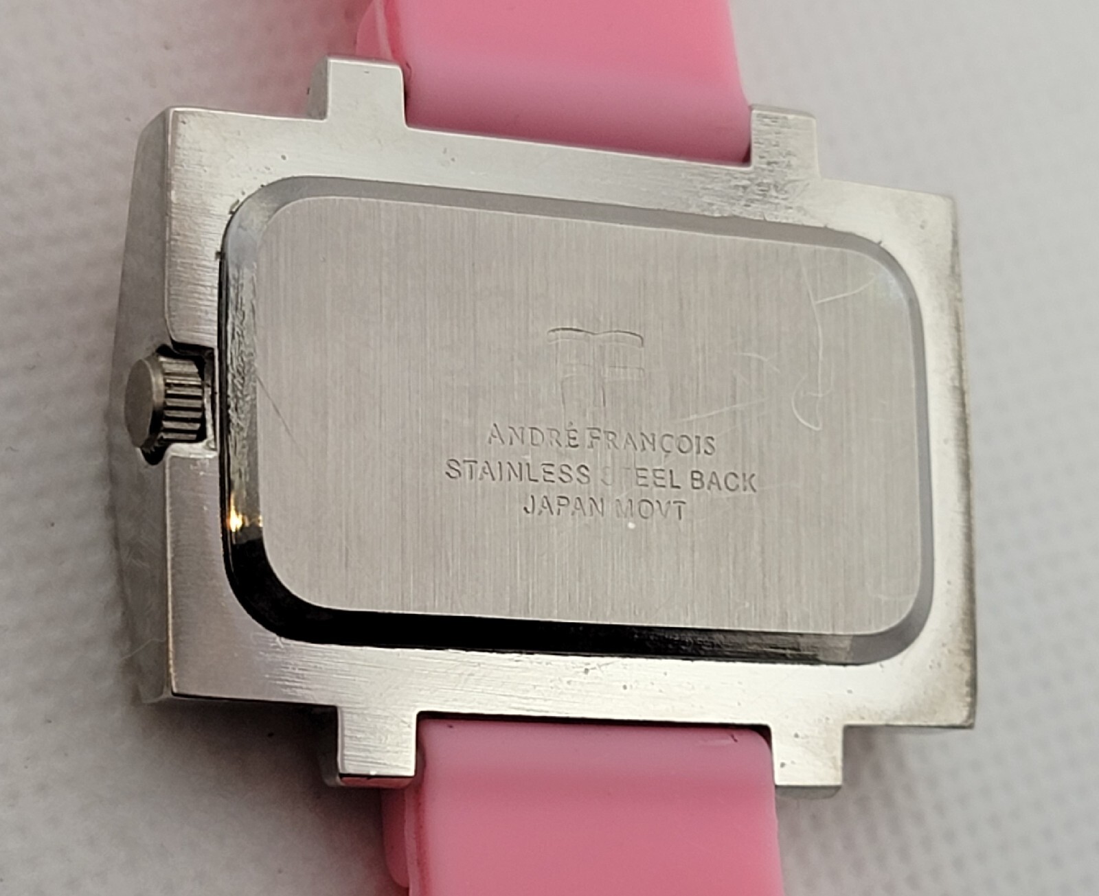 Ladies Andre Francois Rectangle Silver Tone Pink Rubber Band Analog Watch I5