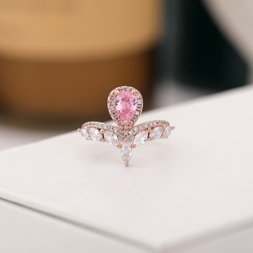 Pink and Yellow Colorful Teardrop-Shaped Pear Ring with Micro-Set Zirconia
