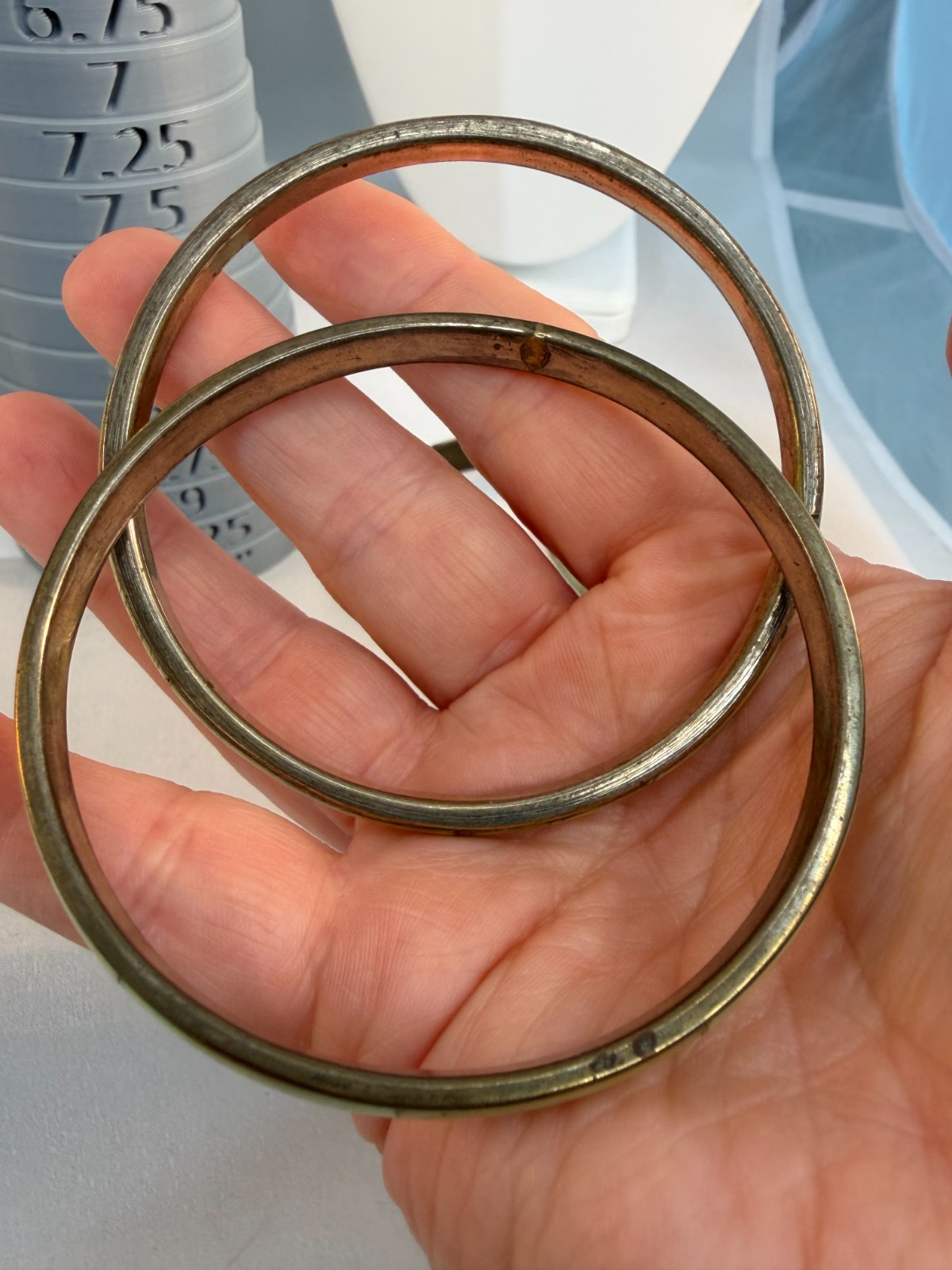 Vintage 1970s Brass Bangle Stack Mother of Pearl Dyed Bovine Inlay Boho Green