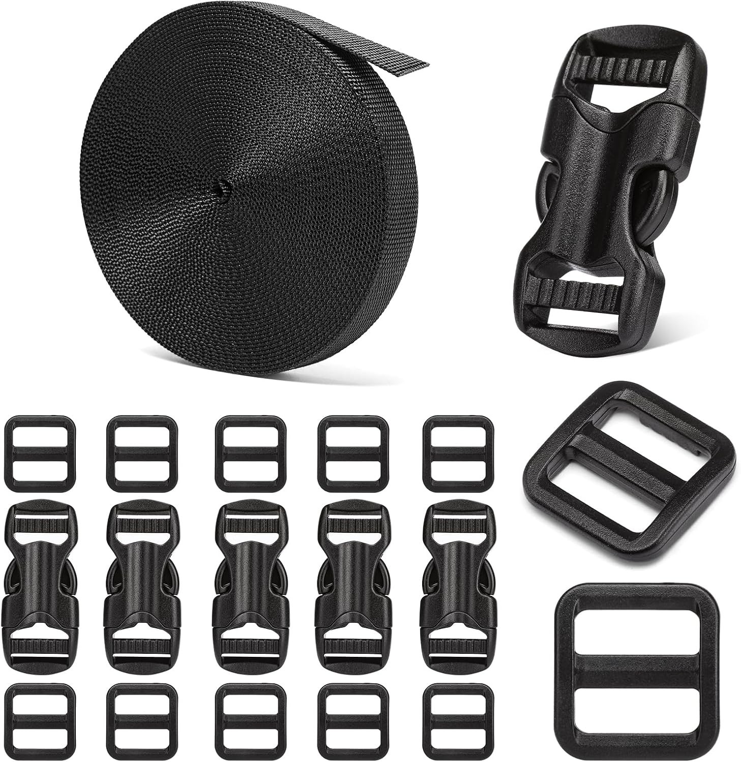 Complete 5/8″ Strap & Buckle Kit: 6 Yards Nylon, 6 Adjustable Buckles