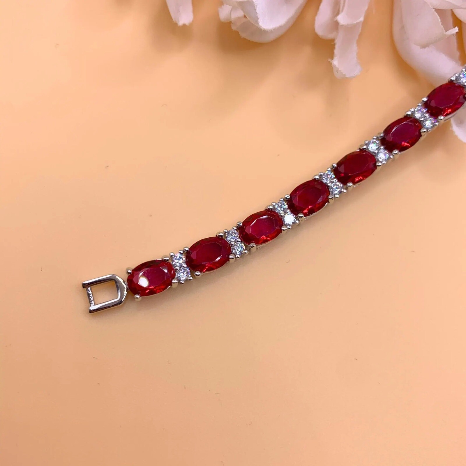 Red Ruby July Birthstone Oval Cut White Gold Bracelet – Free Gift Box Included