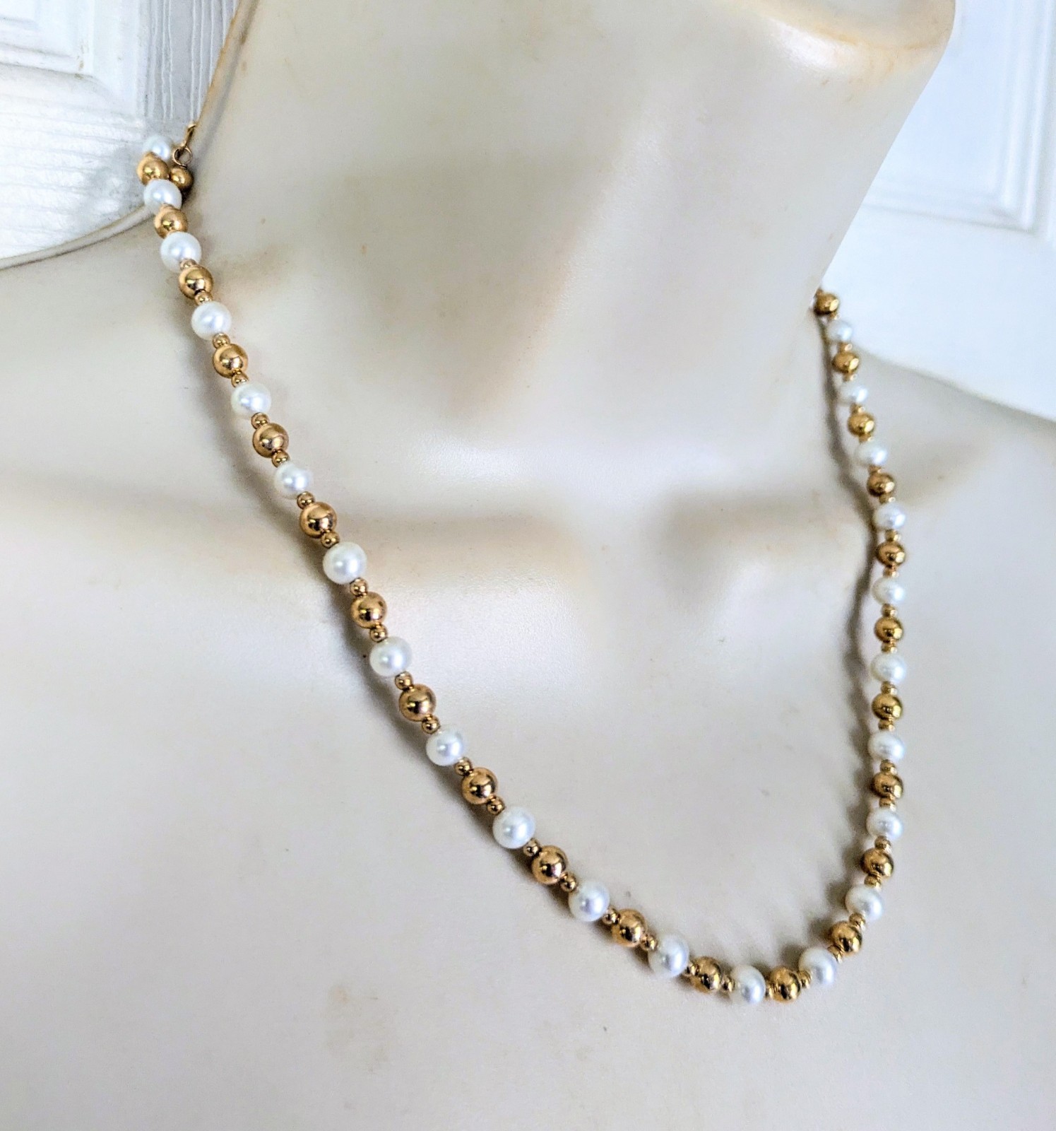 14K Solid Yellow Gold – ETERNAGOLD BEAD BALL & PEARL ADJUSTABLE NECKLACE NWOT