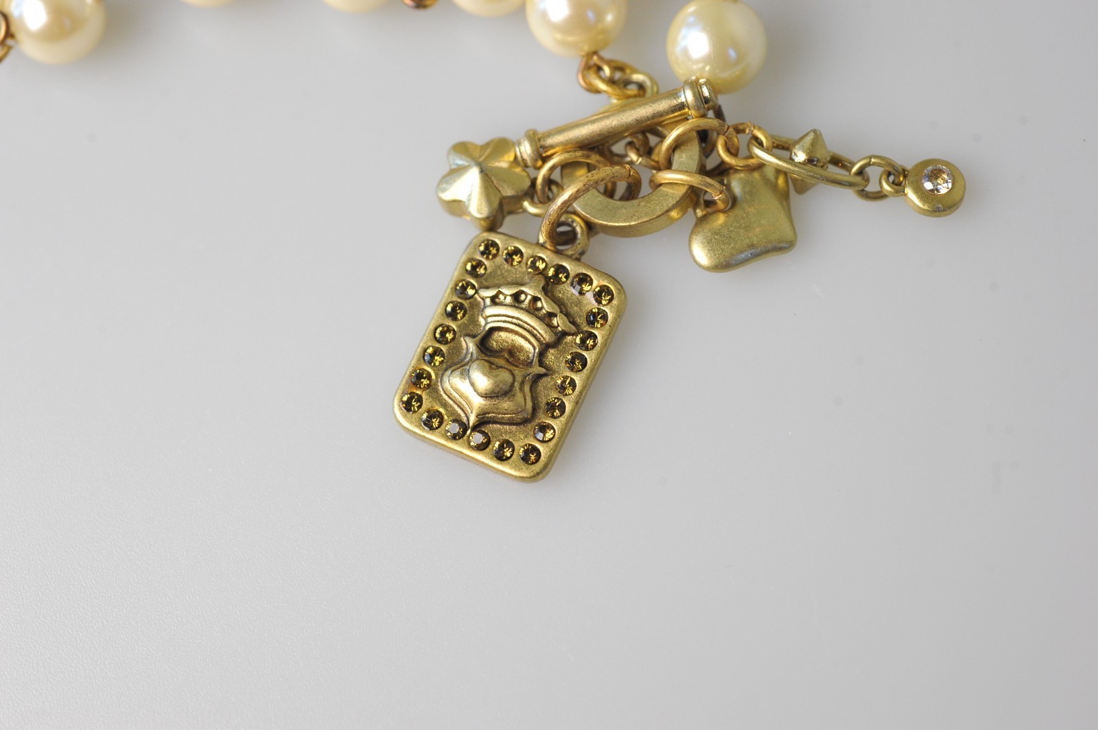 CAbi Necklace Gold Tone Rhinestone Faux Pearl charms dangle statement A