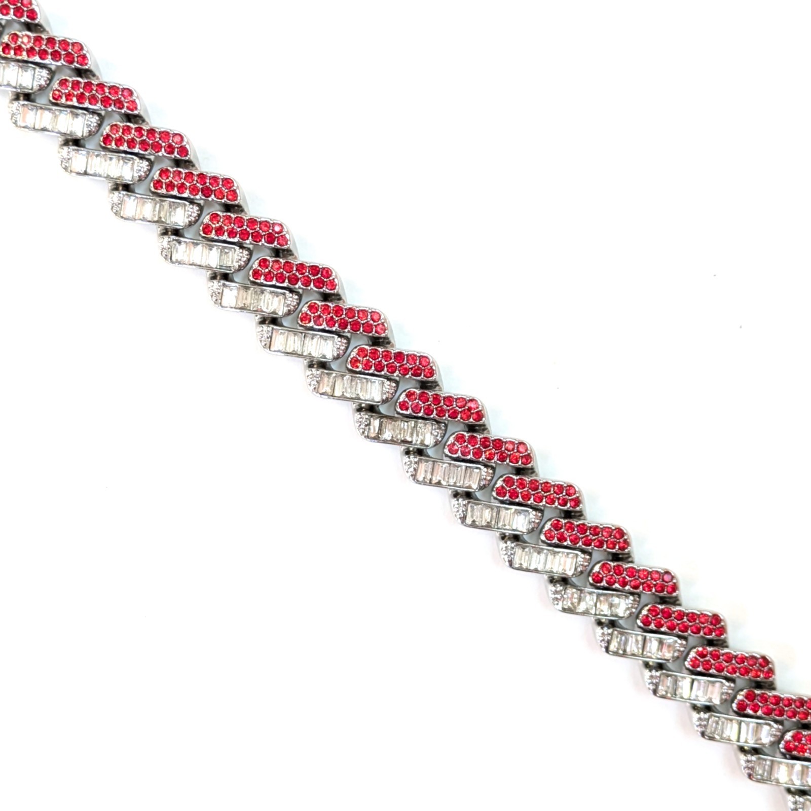 Silver, Red &White Iced-Out Tilted Cuban Link Chain Gem Necklace (Choose Length)