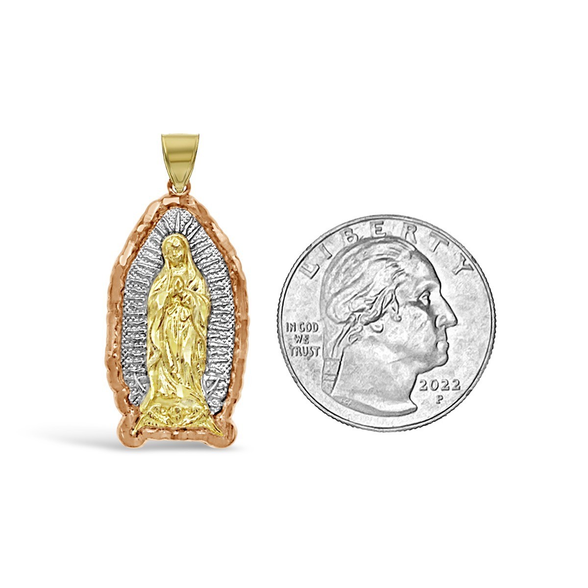 Virgin Mary Guadalupe Pendant 10K Tri Color Gold Religious Charm 1.4 in