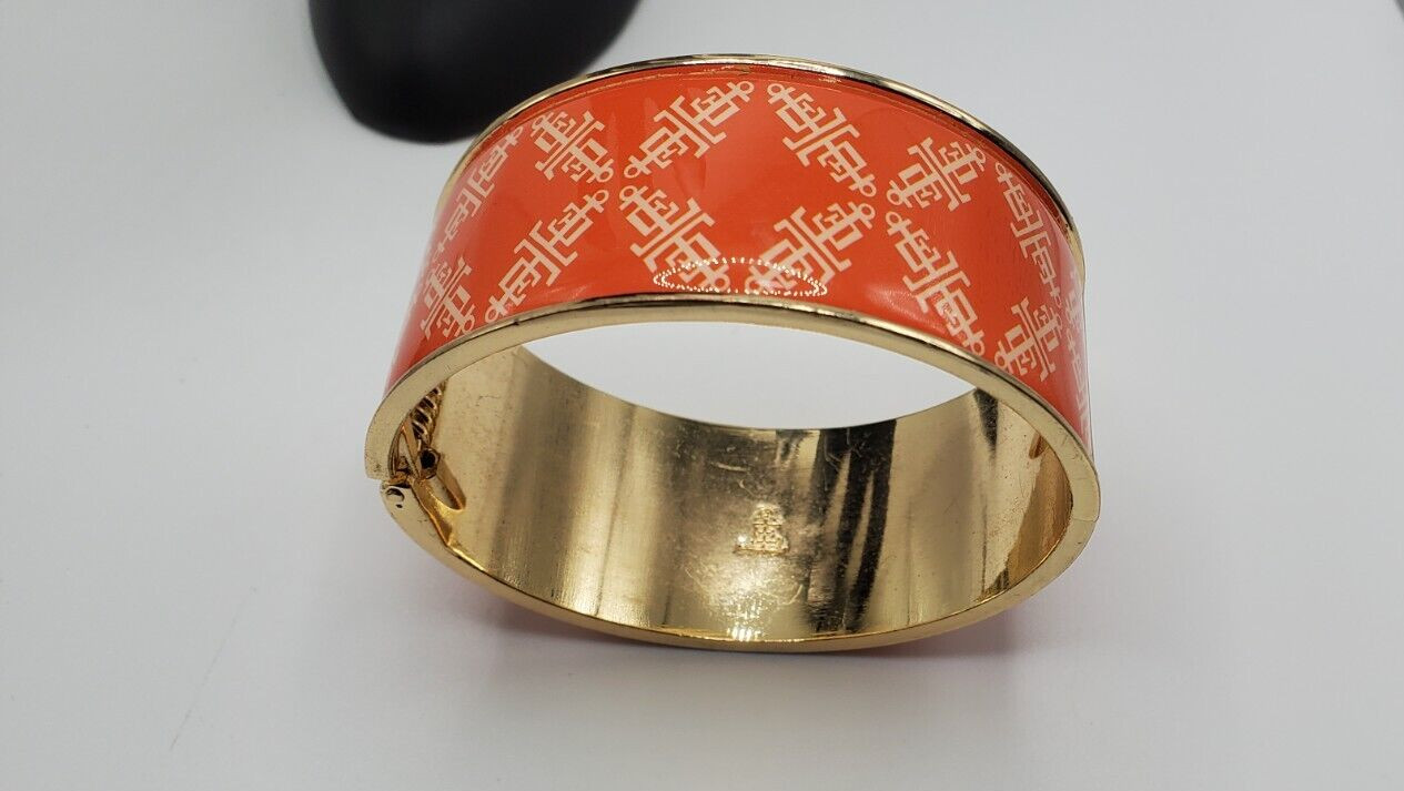 Lands End Gold Tone Orange with White Logo Enamel bangle /Cuff Bracelet