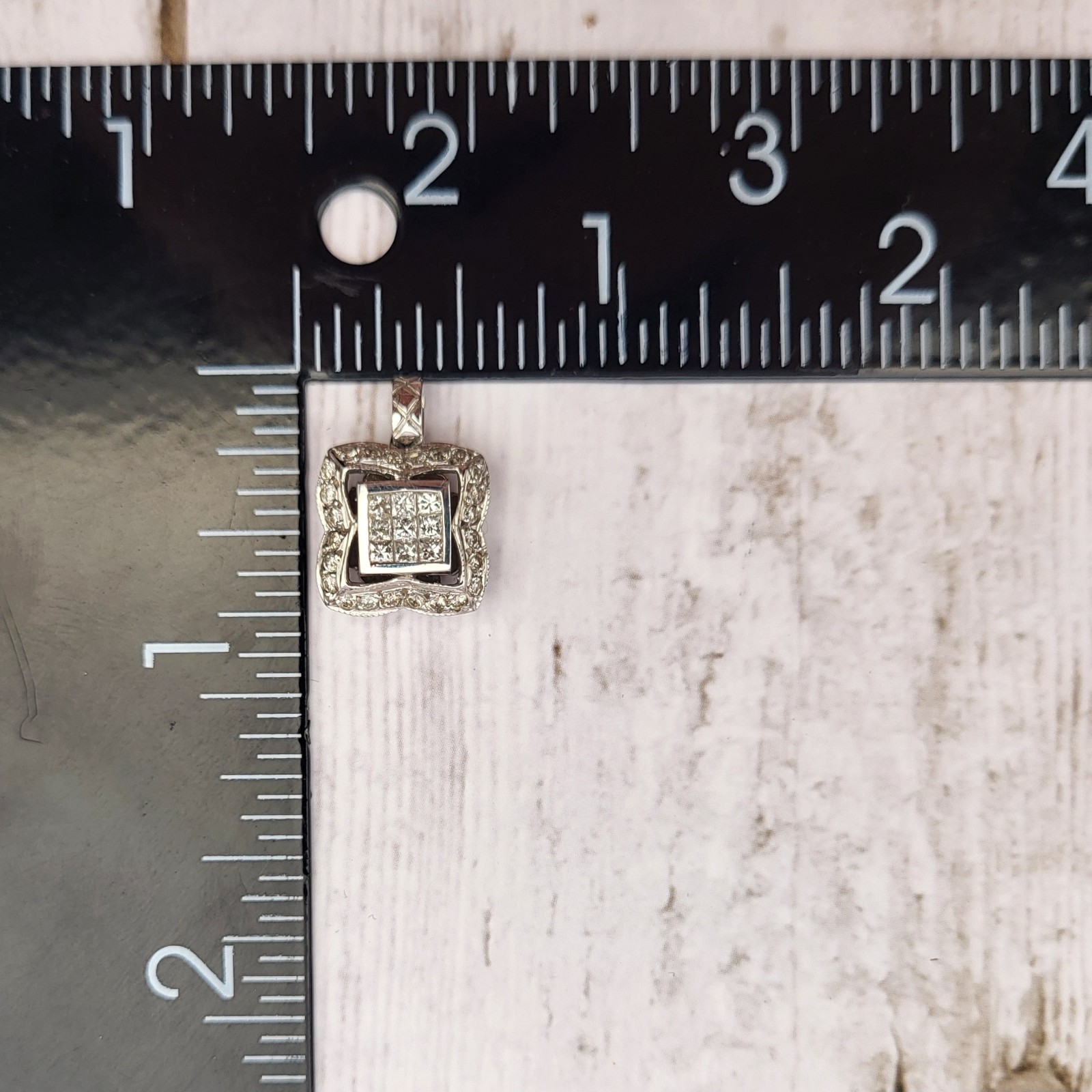 Heavy! 18K White Gold Square Princess Cut Diamond Pendant Charm Signed H.O.B.