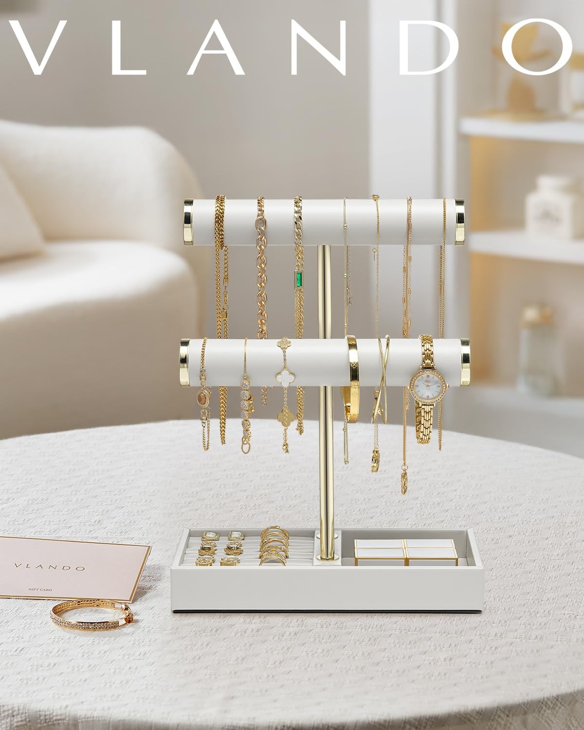 2 Tier Leather Jewelry Organizer Stand – Bracelet, Necklace, Ring & Earring Hold