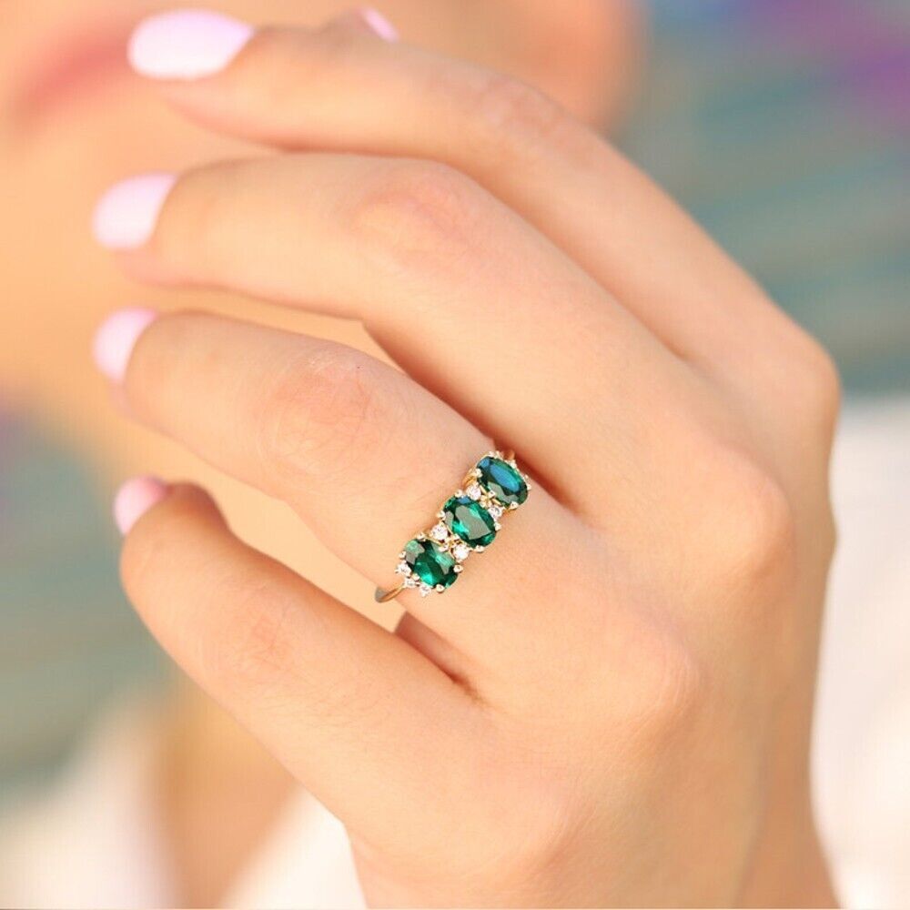Green Emerald Wedding Ring 14K Yellow Gold Certified 1.35 Ct Lab Created Diamond