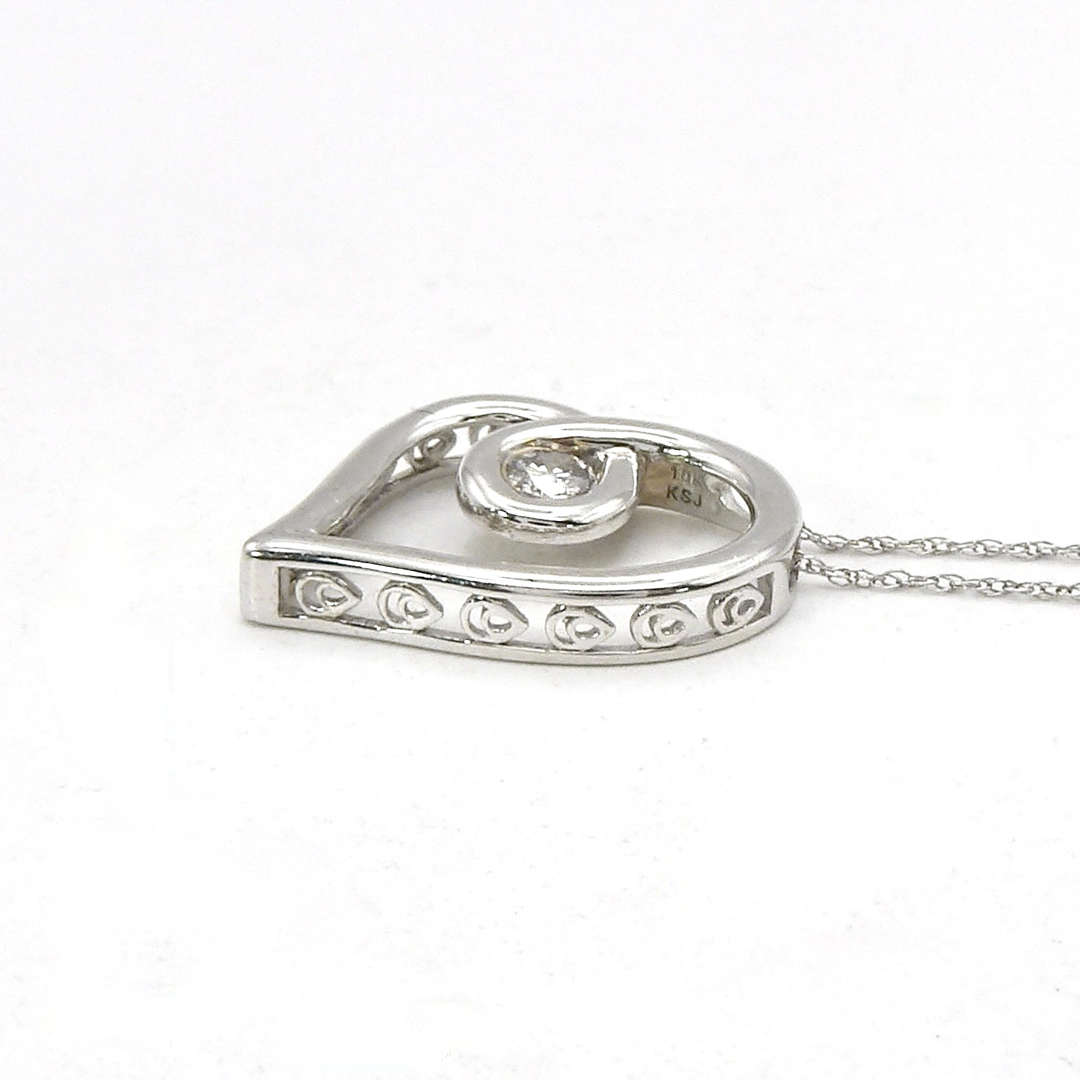 Solid 10k Gold Natural Diamond Freeform Floating Open Heart Pendant Necklace 18″