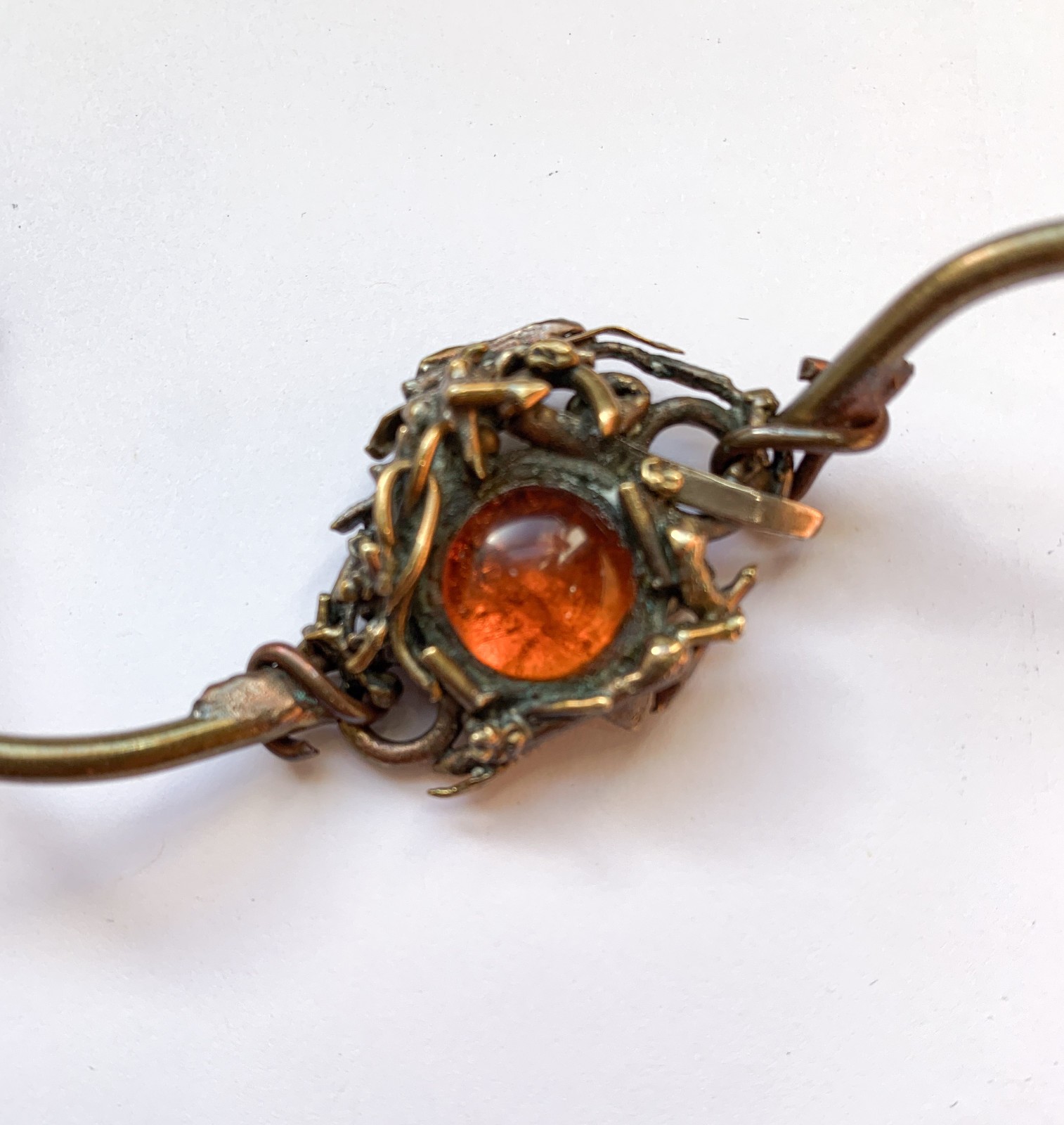 Vintage Artisan Bracelet Brass Amber Cabochon Handmade Argentina 1994 Brutalist