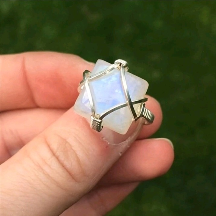 Silver Plated Zinc White Moonstone Opal Ring Criss Cross Pattern Size 7