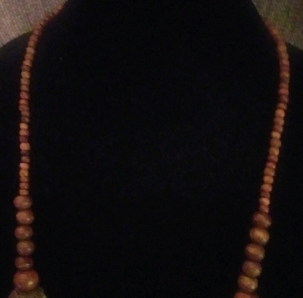 Parfois Crochet Wood Bead and Wooden Bead Necklace Antique Gold Tone 36″