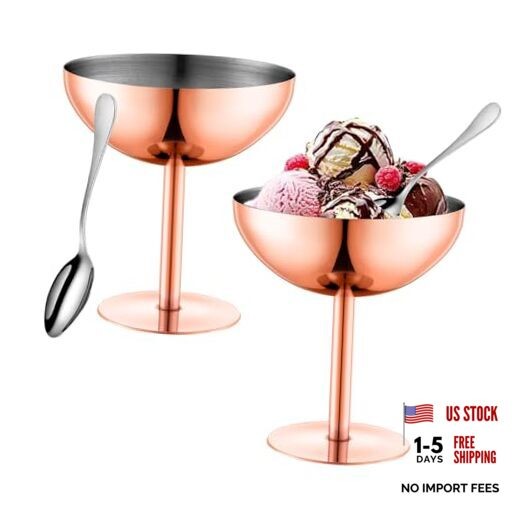 Ice Cream Cups Set of with Spoons, 5 oz Reusable Stainless Steel 2 Rose glod
