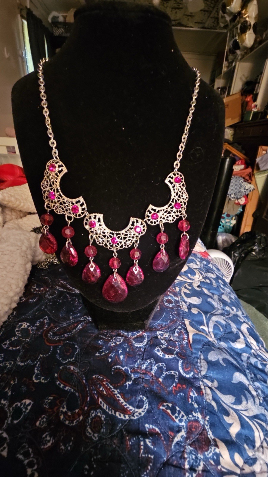 Silver Tone Red Rhinestone Cluster Statement Bib Necklace, Cable