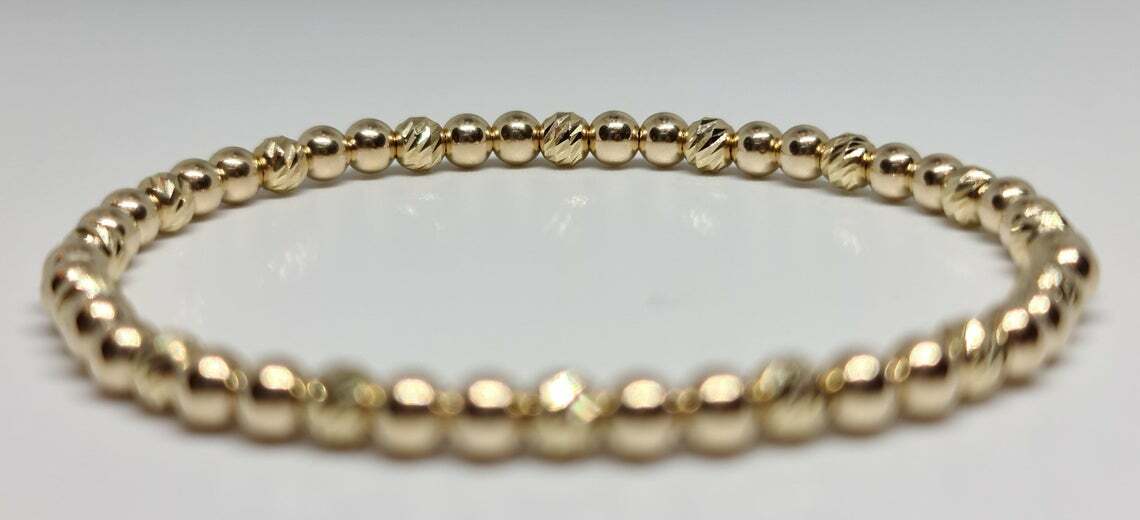 14K Solid Yellow Gold Bar Cut Faceted /Smooth Round 4mm Stretch Unisex Bracelet