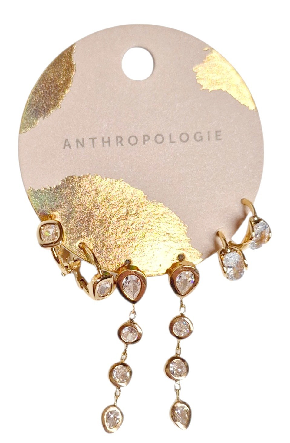 Anthropologie Glitz Crystal Earring Set Cubic Zirconia 14k Gold Plated Brass New