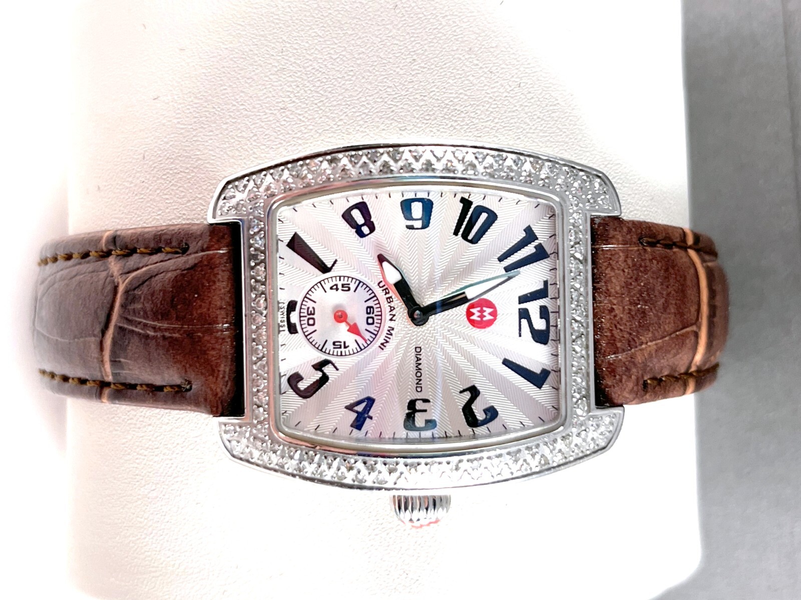 Michele Mini Urban Diamond Watch With Brown Leather Band in Excellent Cond.