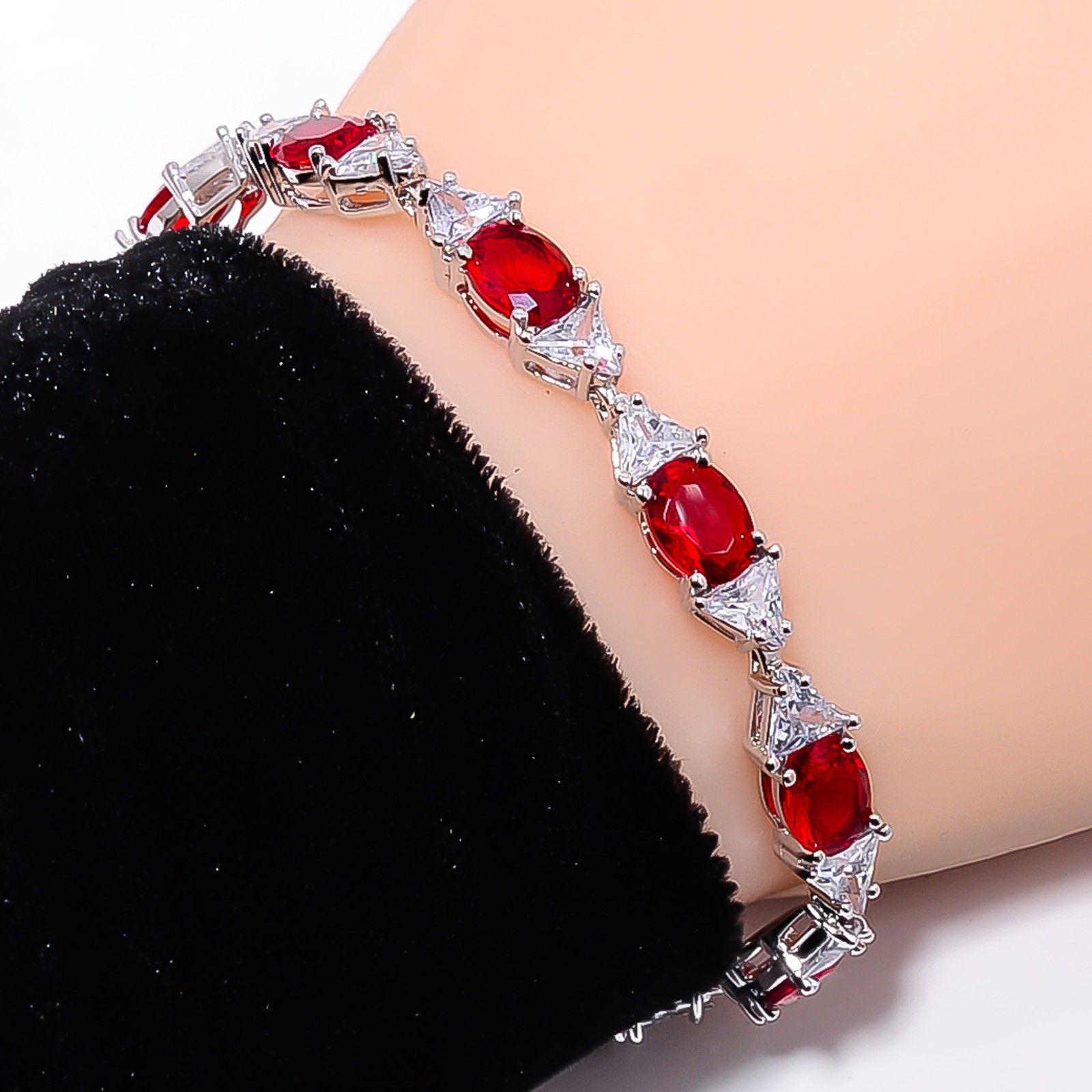 Ruby – Simulated)Spinel, CZ 925 Sterling Silver Adjustable Bracelet 7-8″ B13383