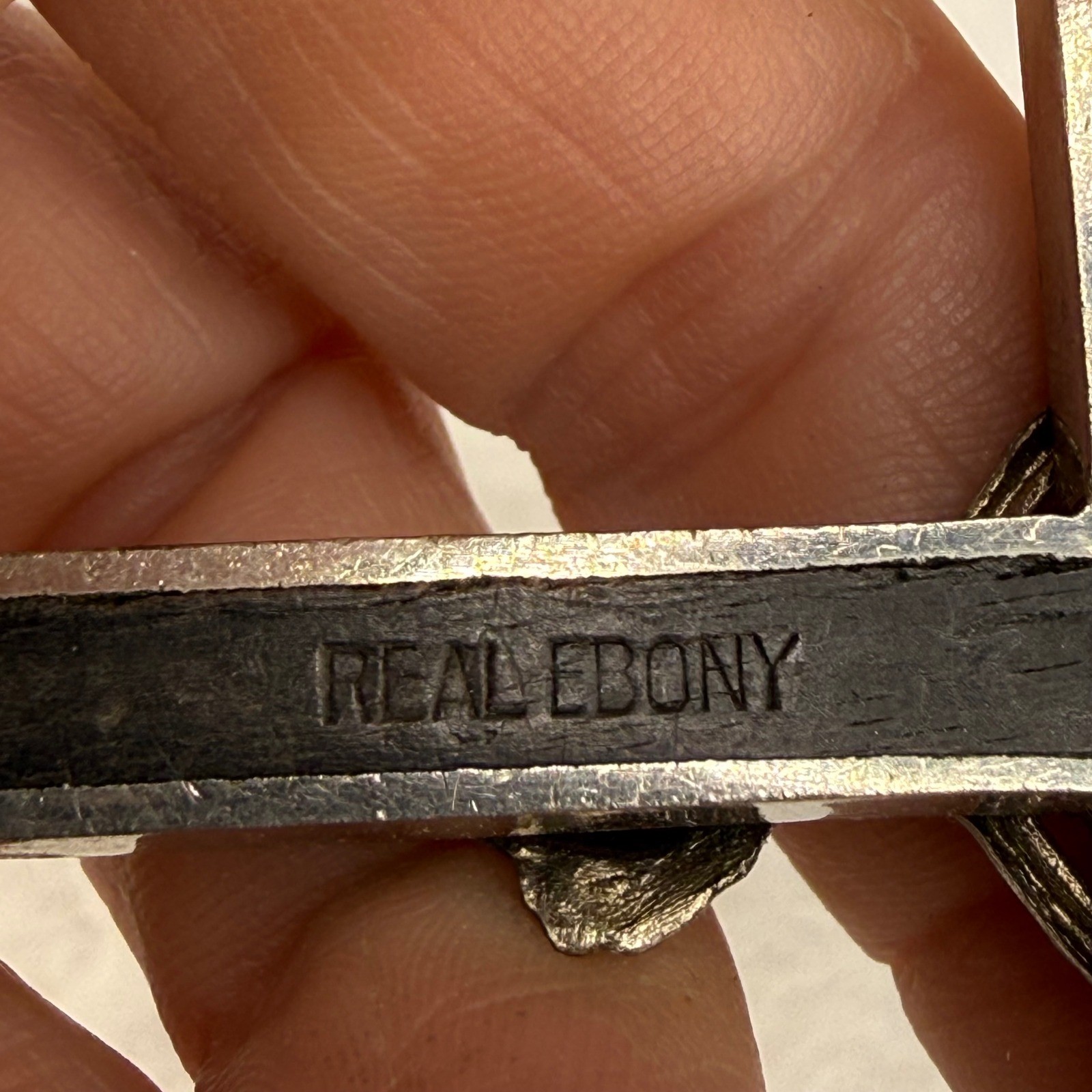 Vintage Real Ebony Wood Crucifix Pendant Silver Tone Memento Mori Skull 3″